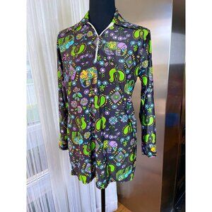 Vintage 70s top, black, neon psychedelic print, elephants, birds, flower power